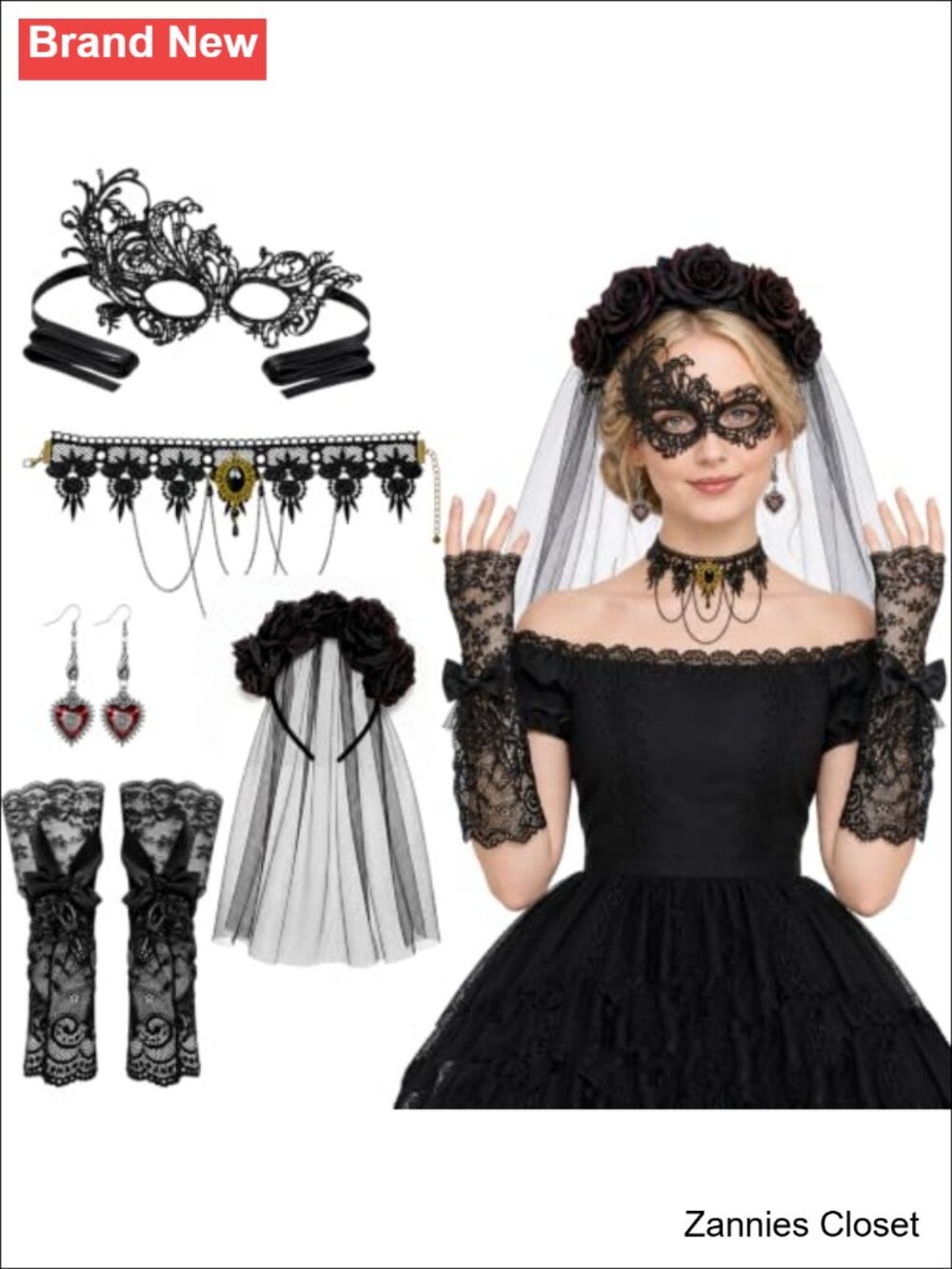 👻 Gothic Halloween Costume Accessory Set Veil Mask Gloves Jewelry Adult